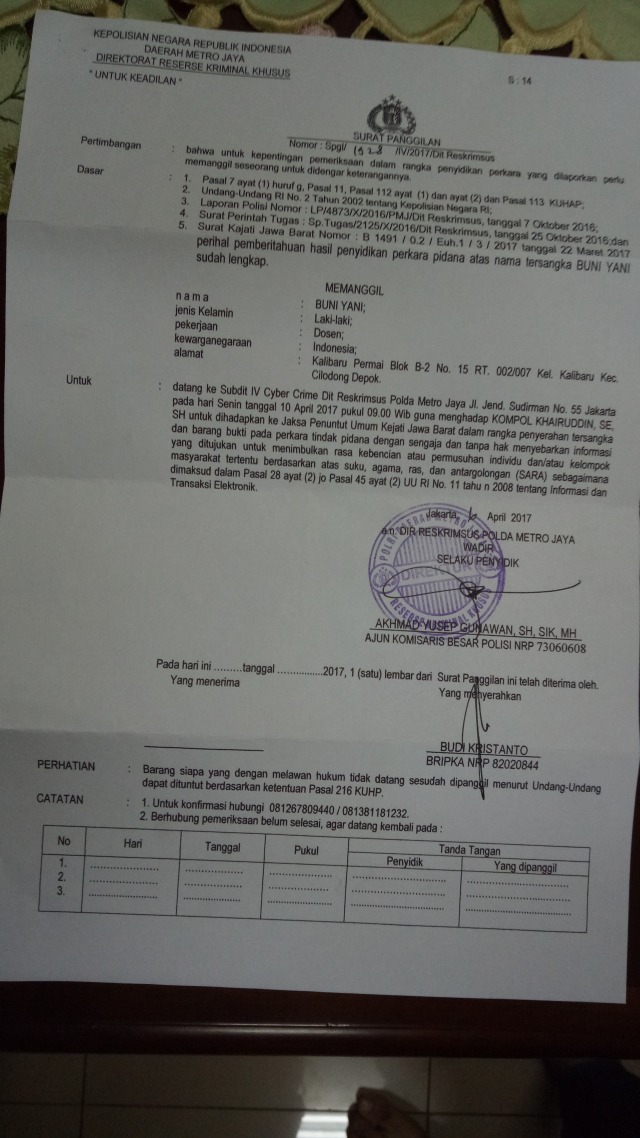 Surat panggilan untuk Buni Yani. (Foto: Amanaturrosyidah/kumparan)