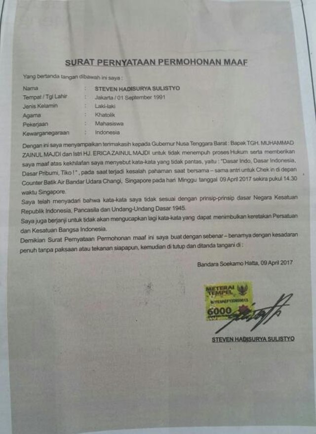 Surat permohonan maaf Steven. (Foto: Dok. Istimewa)