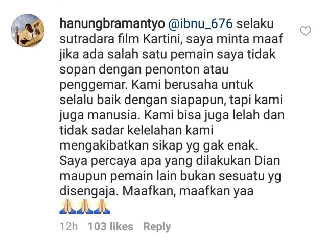 Hanung minta maaf atas sikap Dian Sastro (Foto: Instagram @hanungbramantyo)