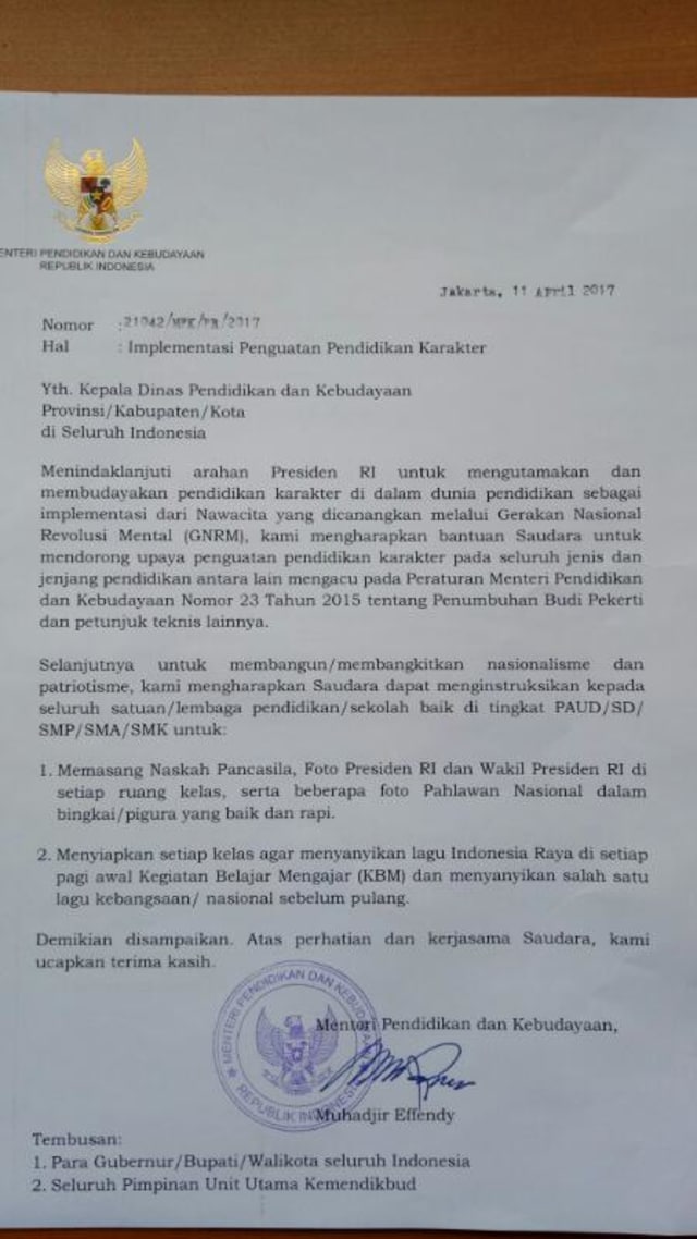 Surat edaran penguatan pendidikan karakter (Foto: Dok. Istimewa)