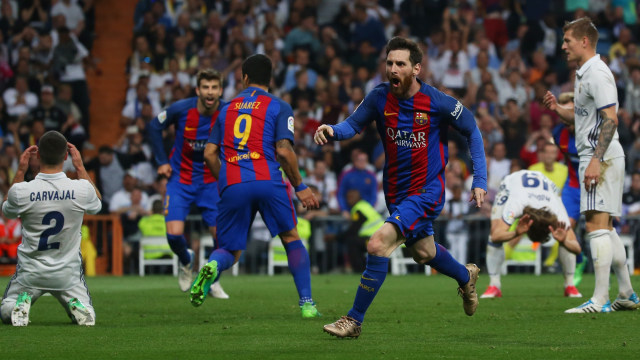 Messi merayakan golnya ke gawang Madrid. (Foto: Reuters)