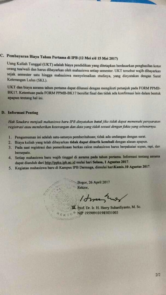 Pengumuman Registrasi Camaba IPB (Foto: Dok. IPB)
