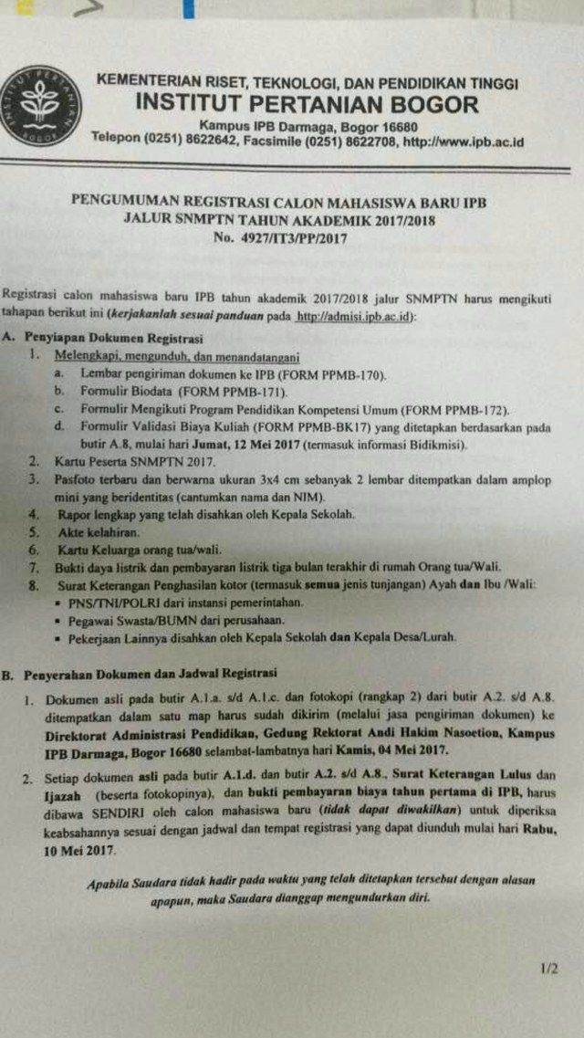 Pengumuman Registrasi Camaba IPB. (Foto: Dok. IPB)