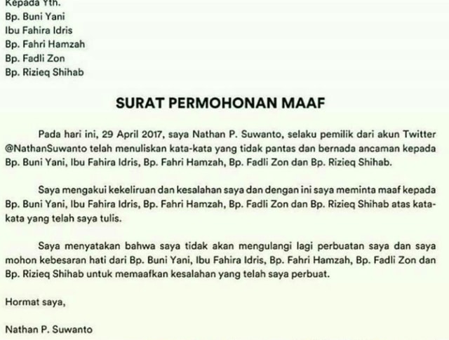 Surat permohonan maaf Nathan. (Foto: Twitter)