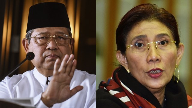 Susilo Bambang Yudhoyono dan Susi Pudjiastuti. (Foto: Antara/Hafidz Mubarak A. dan Wahyu Putro A.)