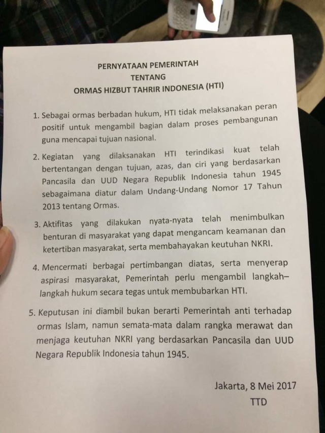 Surat pernyataan HTI dibubarkan  (Foto: Dok. Istimewa)