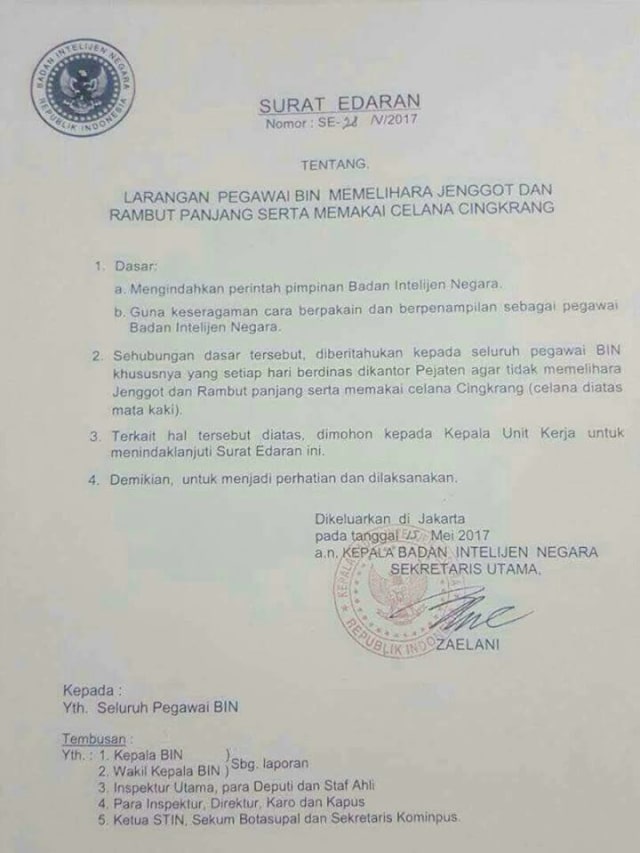 Larangan untuk pegawai BIN (Foto: Dok. Istimewa)