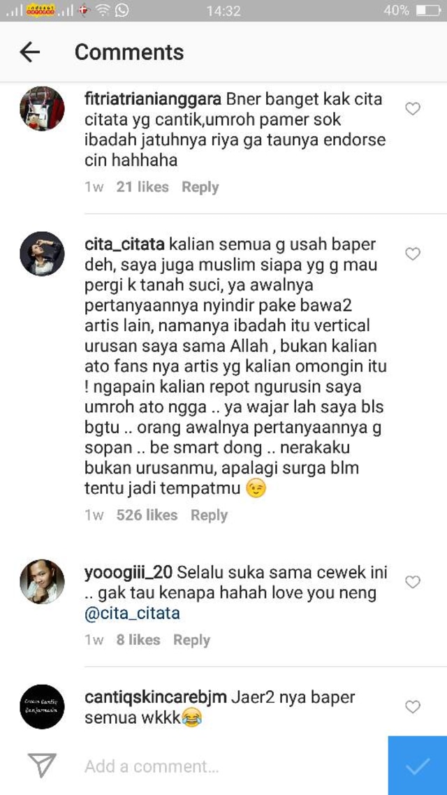 Cita Citata balas serangan haters (Foto: Instagram/@cita_citata)