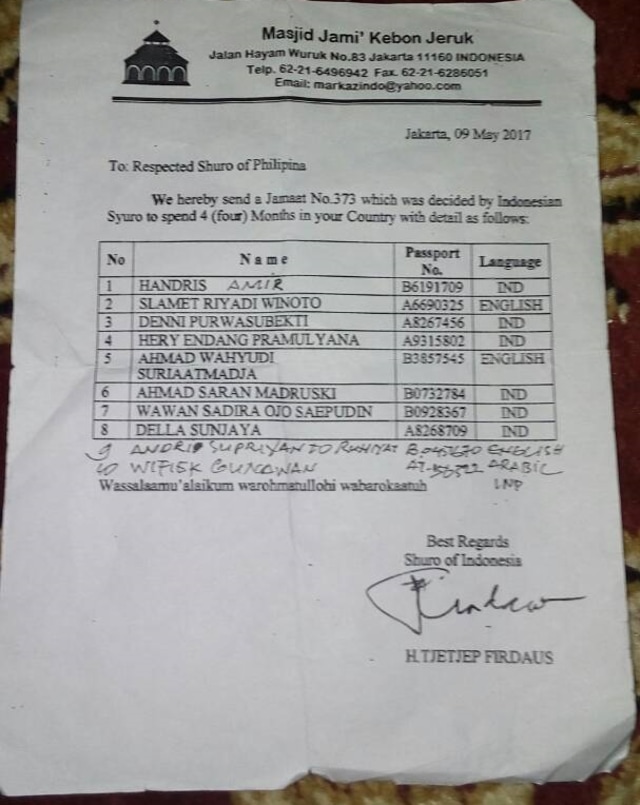 Daftar WNI yang berada di Marawi. (Foto: Dok. Istimewa)