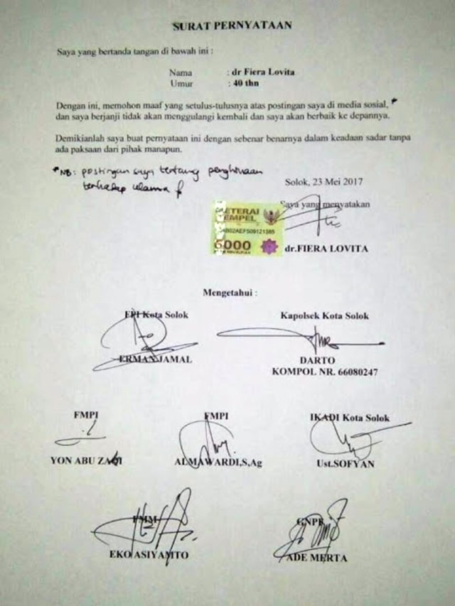 Surat Pernyataan Fiera Lovita (Foto: Istimewa)