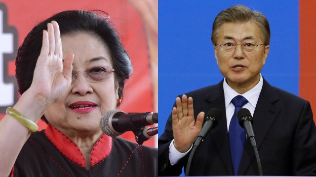 Megawati Soekarnoputri dan Moon Jae-in (Foto: Antara/Ahmad Subaidi dan Reuters//Ahn Young-joon/Pool)