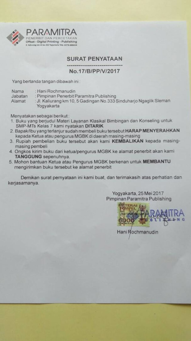 Klarifikasi dari penerbit mengenai salah cetak (Foto: Dok. Istimewa)