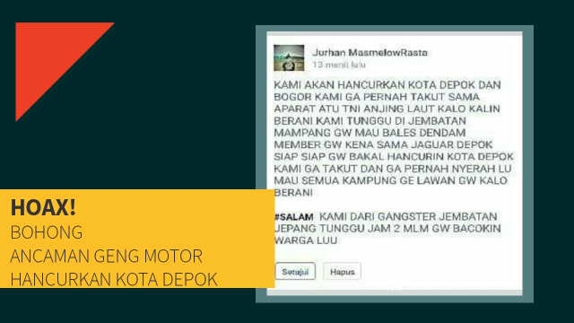 Hoax ancaman geng motor (Foto: Facebook/Jurhan MasmelowRasta)