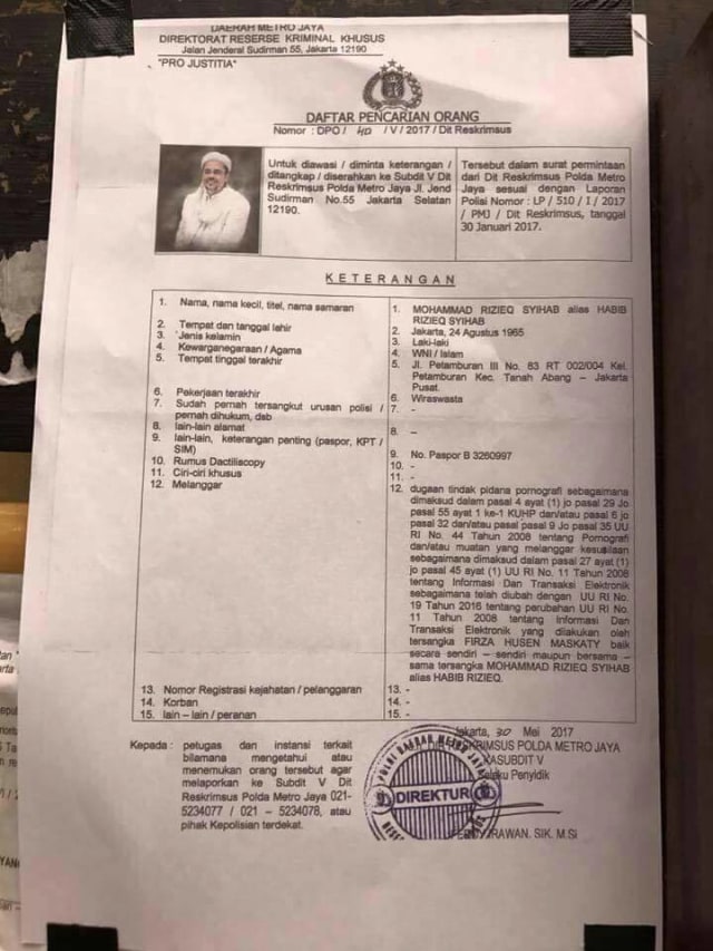 Surat DPO Habib Rizieq (Foto: Dok. Istimewa)