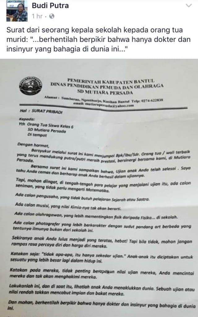 Surat Kepsek SD Bantul (Foto: Dok. SD Mutiara Persada)