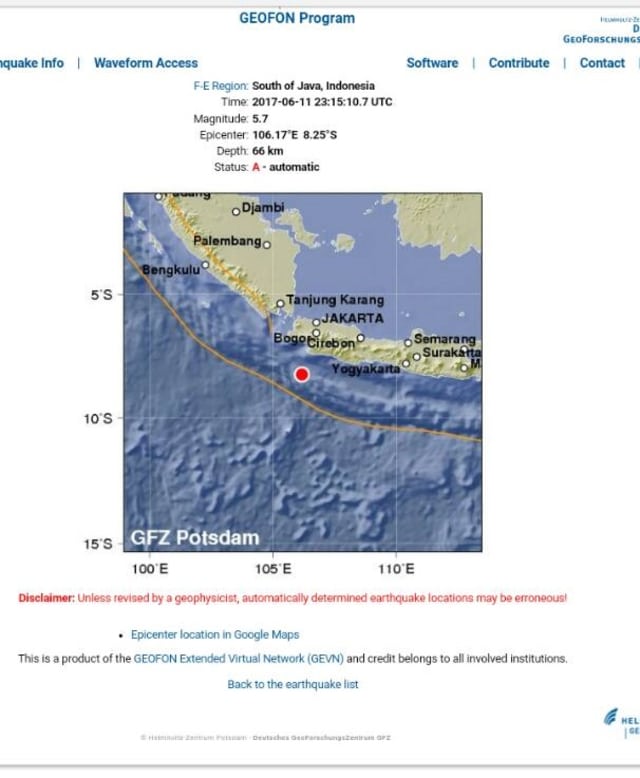 Pusat gempa di selatan laut Sukabumi. (Foto: Dok. BMKG)