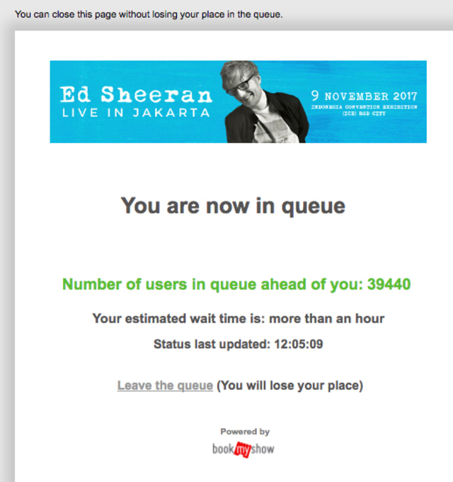 Screenshot antrean tiket Ed Sheeran (Foto: bookmyshow)