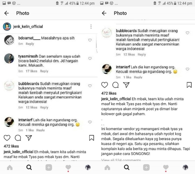 Perseteruan Tyas Mirasih dengan akun gosip. (Foto: Instagram)