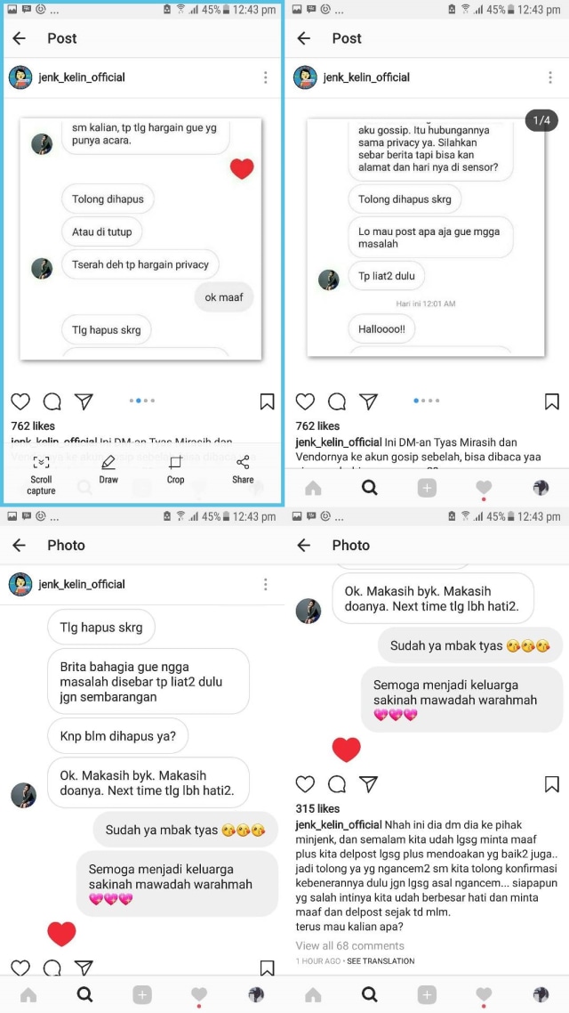 Perseteruan Tyas Mirasih dengan akun gosip. (Foto: Instagram)