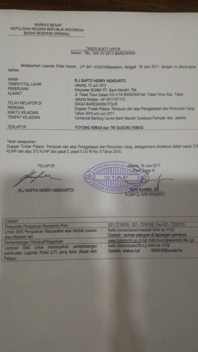 Surat laporan Bank Mandiri ke Bareskrim (Foto: Dok. Bank Mandiri)