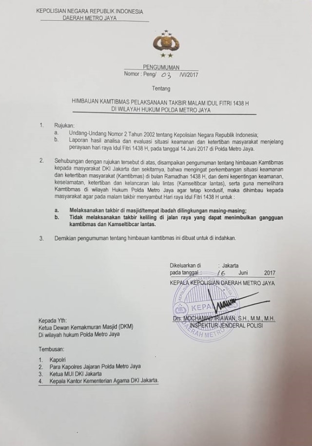 Imbauan soal takbir keliling. (Foto: Dok. Polda Metro Jaya)