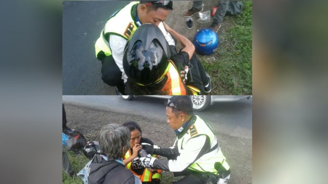 Polisi membantu pengemudi motor  (Foto: Instagram @satlantasrescilacap)