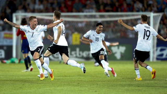 Para pemain Jerman merayakan kemenangan. (Foto: Kacper Pempel/Reuters)