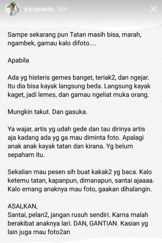 Curhatan kakak Tatan di Instagram (Foto: Instastories @jrsugianto)