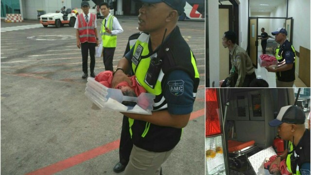 Petugas menolong ibu melahirkan di pesawat. (Foto: Twitter/@djpu51)