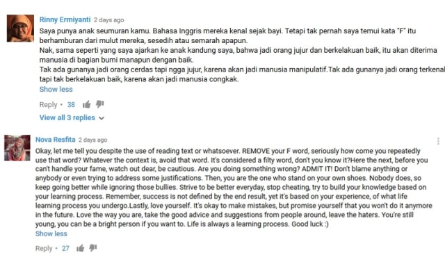 Komentar netizen soal video Afi. (Foto: Youtube)