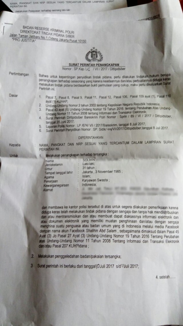 Surat Penangkapan Solihin (Foto: Dok. Istimewa)