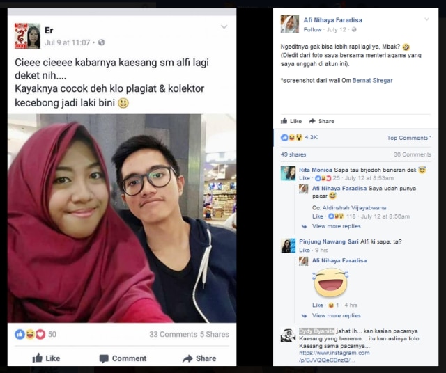 Afi digosipkan dengan Kaesang. (Foto: Facebook/Afi Nihaya)