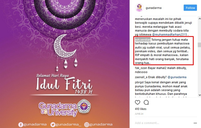 Komentar netizen soal bullying di Gunadarma. (Foto: Instagram/gunadarma)