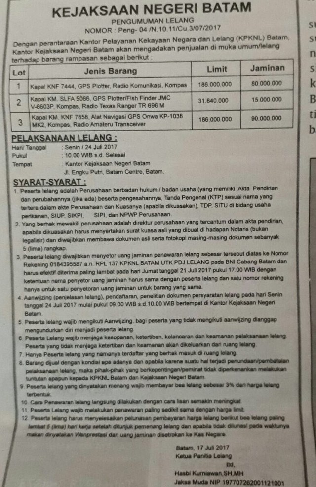 Surat pengumuman lelang (Foto: Istimewa)