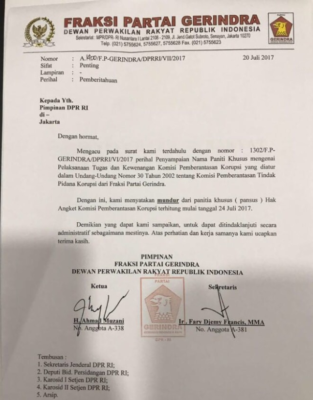 Surat Gerindra mundur dari Hak Angket KPK (Foto: Dok. Istimewa)