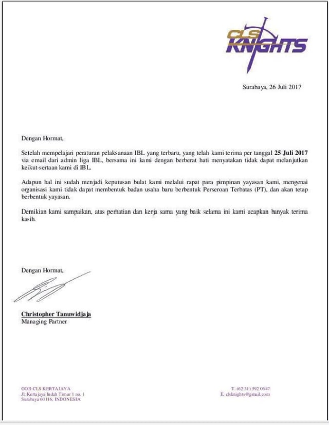 Surat pengunduran diri CLS Knights Surabaya. (Foto: Dok. Istimewa)