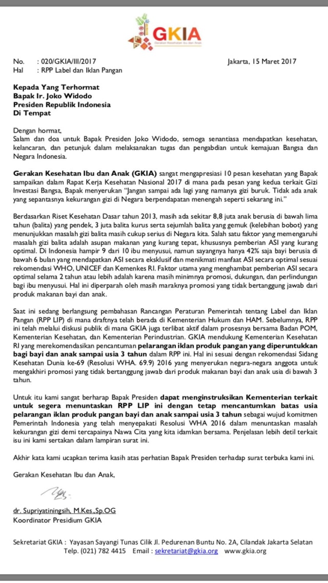 Surat terbuka untuk Presiden Jokowi (Foto: AIMI)