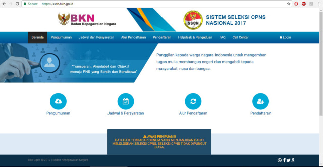 Halaman situs Sistem Seleksi CPNS Nasional 2017. (Foto: Muhammad Fikrie/kumparan)