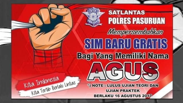 SIM gratis untuk orang yang bernama Agus. (Foto: Instagram @polisi_poldajatim)