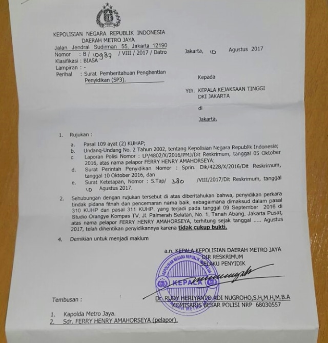 Surat SP3 kasus Kiswinar VS Mario Teguh (Foto: Istimewa)