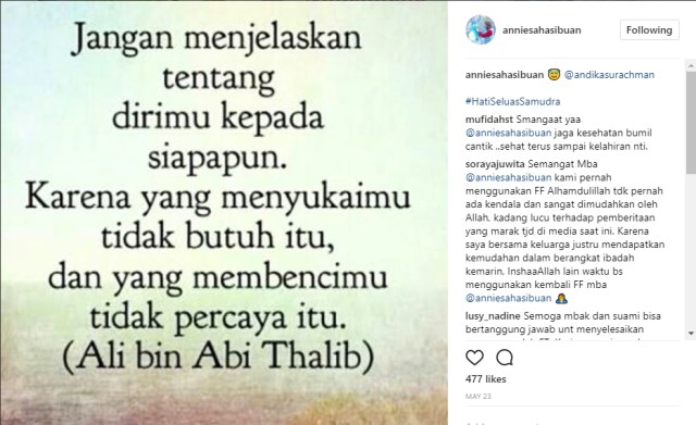 Postingan kutipan IG Anniesa Hasibuan. (Foto: Instagram @anniesahasibuan)