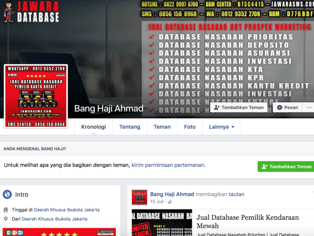Facebook Bang Haji Ahmad jualan data nasabah (Foto: Facebook)