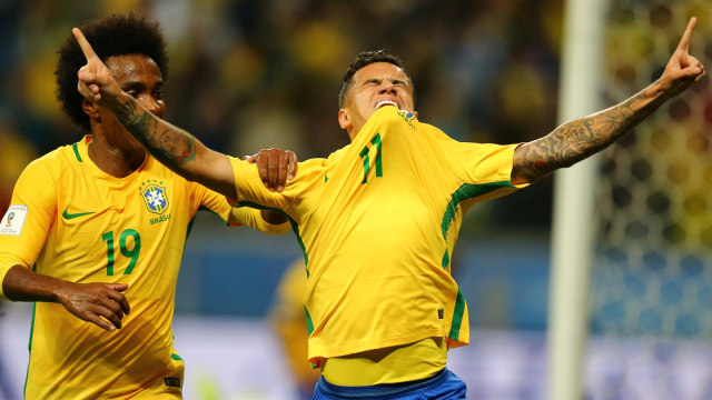 Coutinho merayakan gol Brasil. (Foto: Pilar Olivares/Reuters)