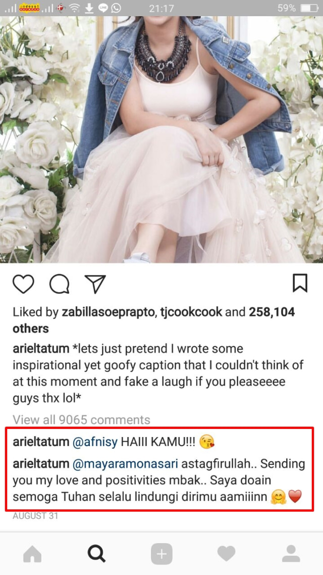 Balasan Ariel Tatum di kolom komentar ignya (Foto: Screenshoot Instagram)