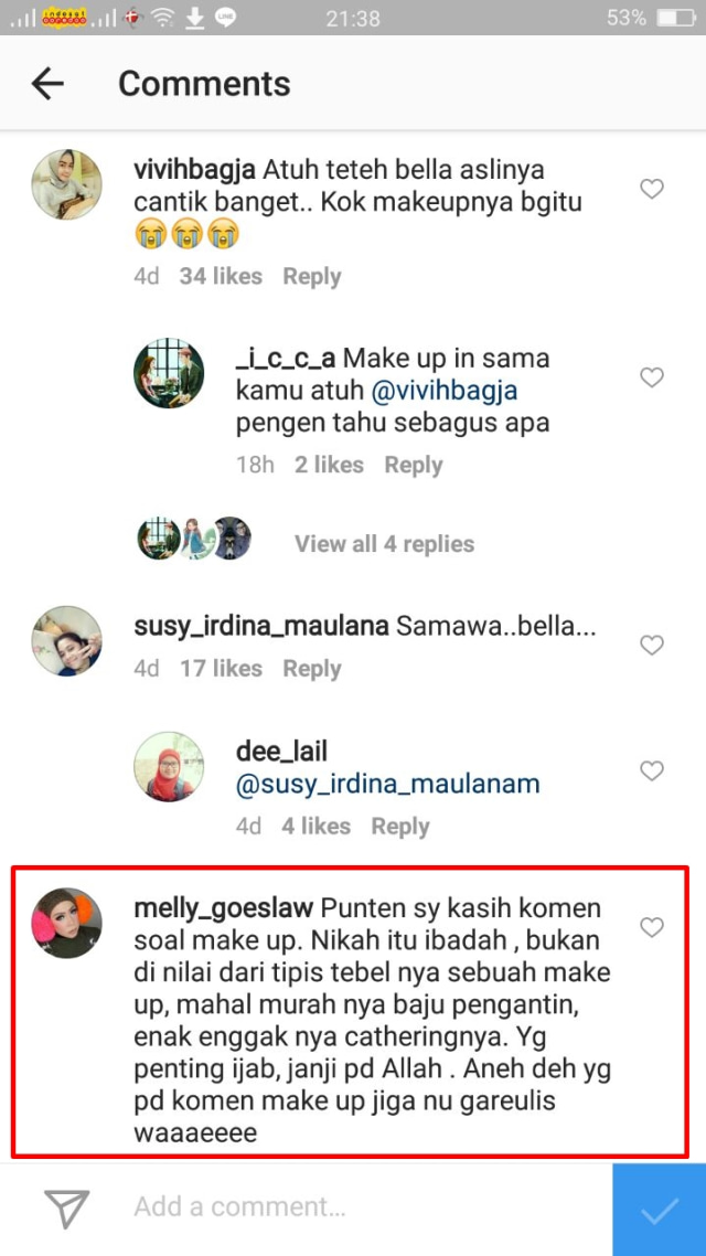 Balasan Melly Goeslaw di Instagram Miliknya (Foto: Screenshoot Instagram)