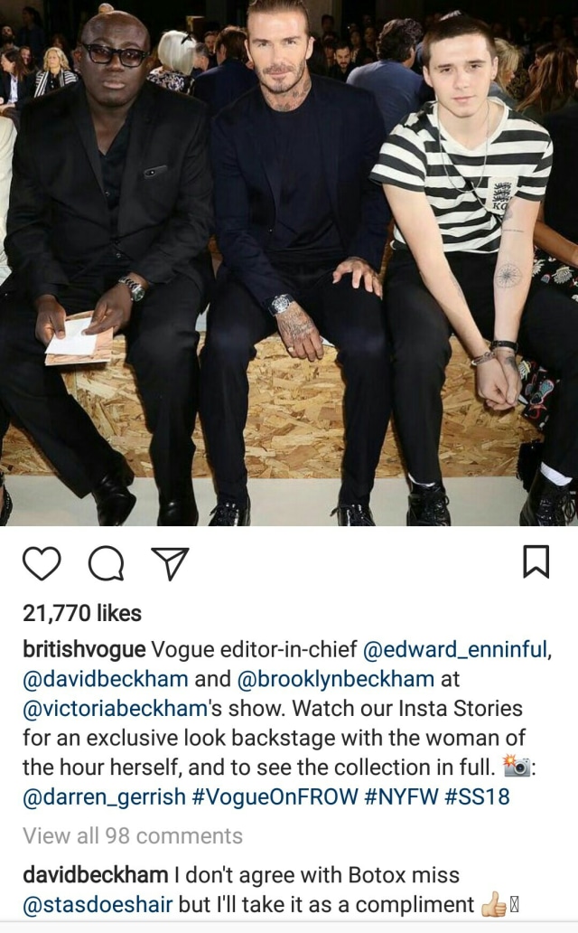 David Beckham & putranya di New York Fashion Week (Foto: Instagram @britishvogue)