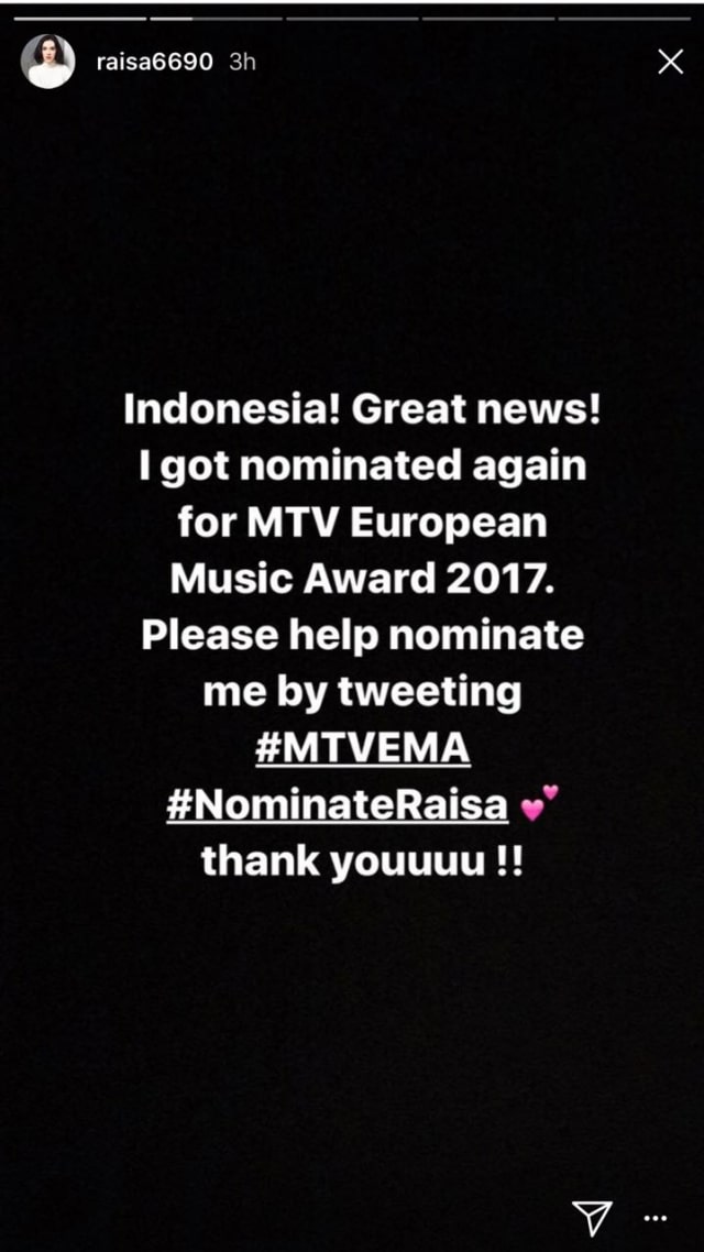 Raisa nomine MTV European Music Award 2017 (Foto: Instagram @raisa6690)