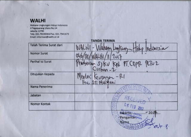 Pengiriman Surat dari WALHI untuk Menkeu (Foto: Dok. WALHI)