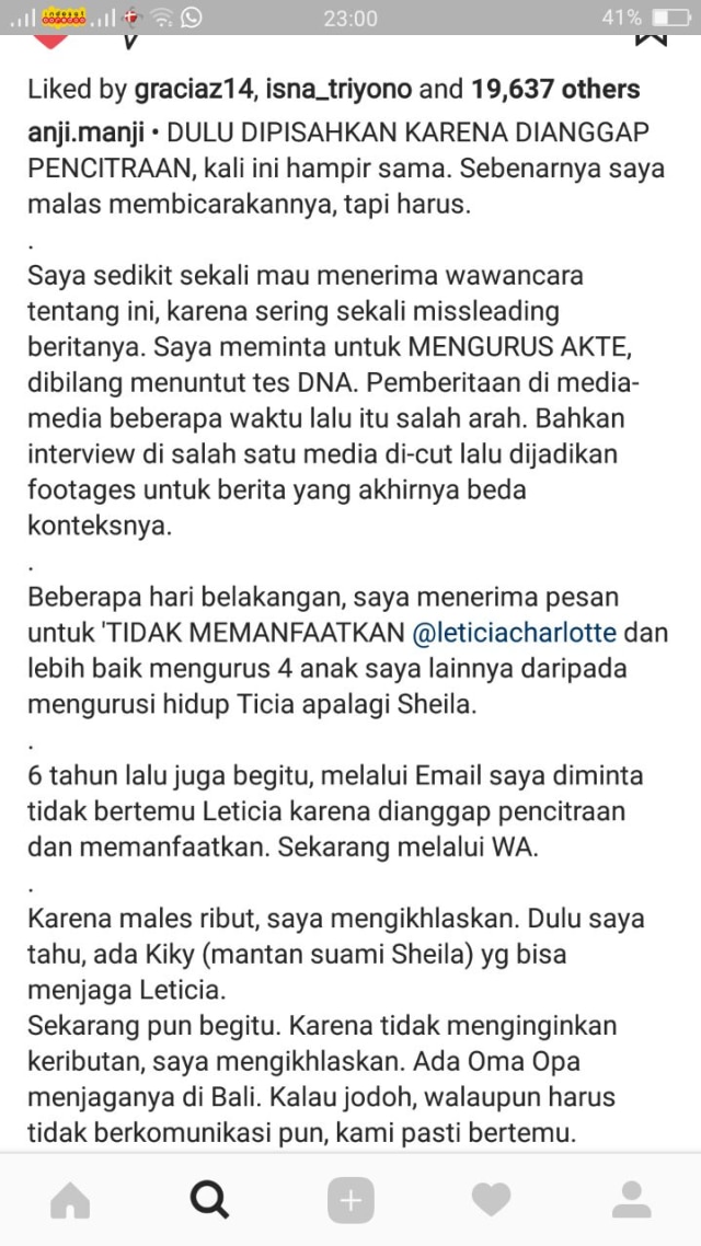 Curhat Anji soal Leticia (Foto: Instagram/@anji.manji)