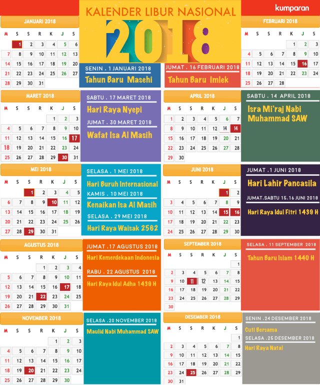 Kalender Libur dan Cuti Bersama Tahun 2018  kumparan.com